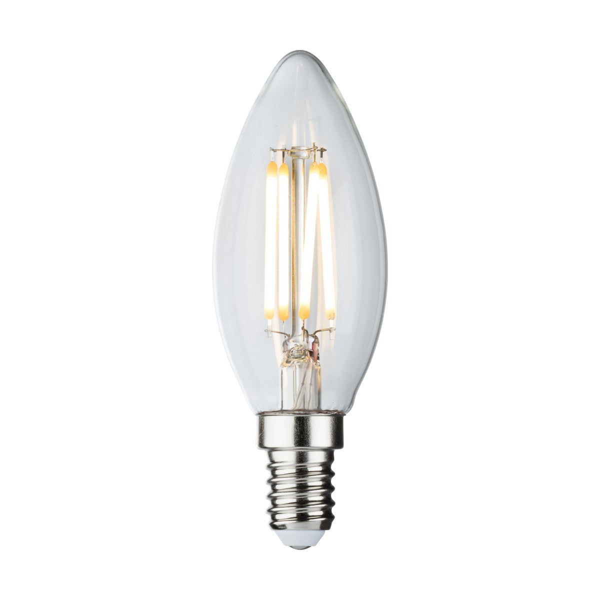 The 4W Dimmable LED Candle Filament Bulb - Clear, E14, 2700K showcases a candle-shaped design with visible filament-style elements. It provides dimmable 2700K warm white lighting, features an E14 screw base, and has a sleek, tapered silhouette perfect for creating a cozy ambiance.