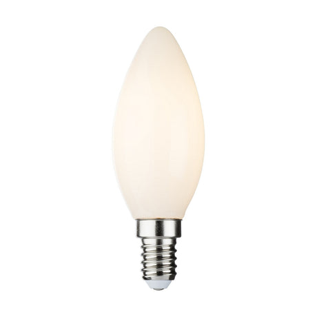 A single 4W Dimmable LED Candle Filament Bulb with a frosted finish and an E14 silver screw base is displayed against a plain white backdrop. This warm 2700K bulb serves as an elegant and functional replacement for a 40W incandescent bulb.