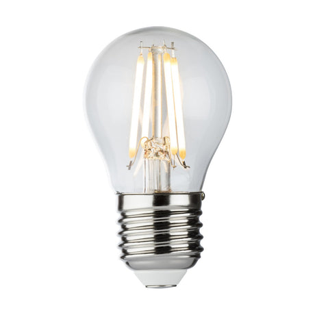 The 4W Dimmable LED Golf Ball Filament Bulb features a clear design with a filament structure inside and an E27 metal base perfect for screwing into a socket. Emitting a warm white light at 2700K, the bulb subtly illuminates its filaments.