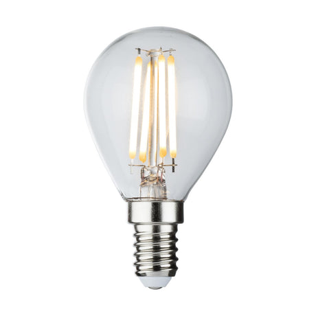 A dimmable 4W LED golf ball filament bulb features a clear design with an exposed filament and a sleek silver E14 screw base, perfect against a plain white background.