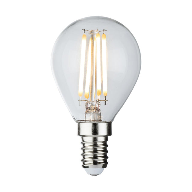 A dimmable 4W LED golf ball filament bulb features a clear design with an exposed filament and a sleek silver E14 screw base, perfect against a plain white background.