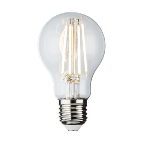 A clear 8W Dimmable LED GLS Filament Bulb with an E27 base is displayed against a white background. The metallic base shines, and the bulb is unlit to highlight the detailed filament design inside its glass. This warm white light at 2700K adds elegance to any space while offering efficient illumination.