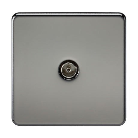 A close-up of a metallic TV outlet featuring a minimalist, screwless design. The square plate in black nickel has a smooth finish and houses the central outlet, with its reflective surface enhancing the modern aesthetic.