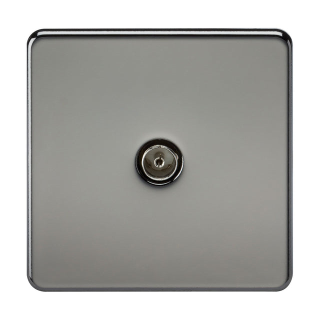 A close-up of a metallic TV outlet featuring a minimalist, screwless design. The square plate in black nickel has a smooth finish and houses the central outlet, with its reflective surface enhancing the modern aesthetic.