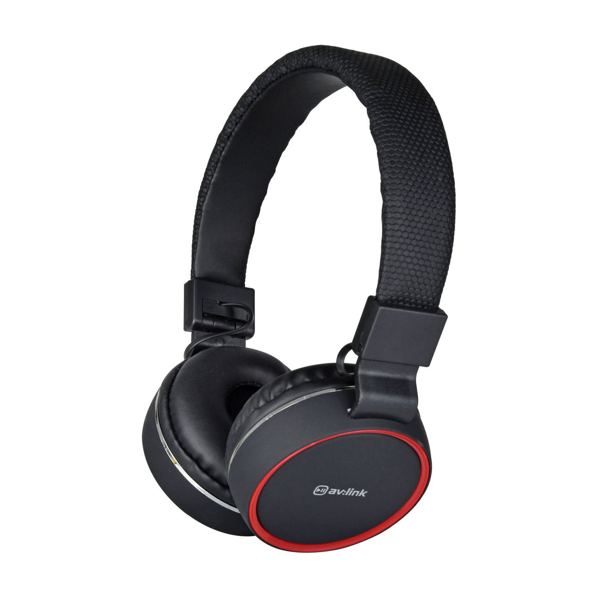 AV:Link PH10-BLK multimedia headphones in matt black with red trim around the cushioned earcups, featuring an adjustable padded headband.