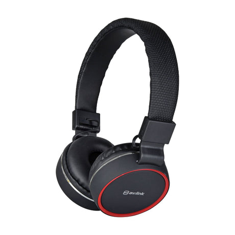 AV:Link PH10-BLK multimedia headphones in matt black with red trim around the cushioned earcups, featuring an adjustable padded headband.