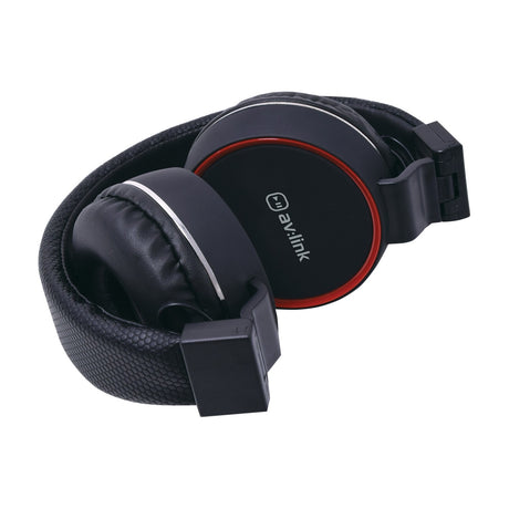 AV:Link PH10-BLK folding multimedia headphones in matt black with red trim around the earcups, shown collapsed on a plain white background.