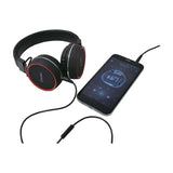 AV:Link PH10-BLK matt black headphones with red trim and inline mic, connected via 3.5mm cable to a smartphone playing music on a white background.