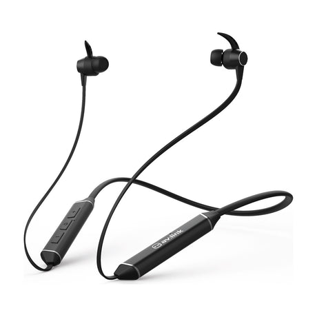 AV:Link PowerBand splashproof Bluetooth neckband earphones in black with magnetic earbuds and inline volume and call controls on a white background.