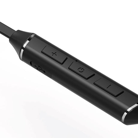 Close-up of AVSL AV:Link PowerBand Splashproof Neckband Bluetooth Earphones control module in matte black with volume, power and track buttons plus USB port.