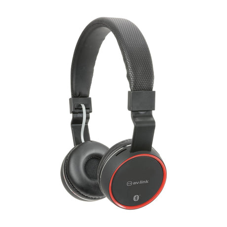 AV:Link PBH10-BLK wireless Bluetooth folding headphones in matt black with padded headband and red-ringed earcups, shown on a plain white background.