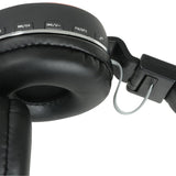 Close-up of the AV:Link PBH10-BLK folding Bluetooth headphones by AVSL, showing matt black earcup with padded cushion, hinge and MP3/FM control buttons.