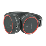 AV:Link PBH10-BLK folding Bluetooth headphones in matt black with red accent rings, showing earcup control buttons, micro USB port and 3.5mm jack.