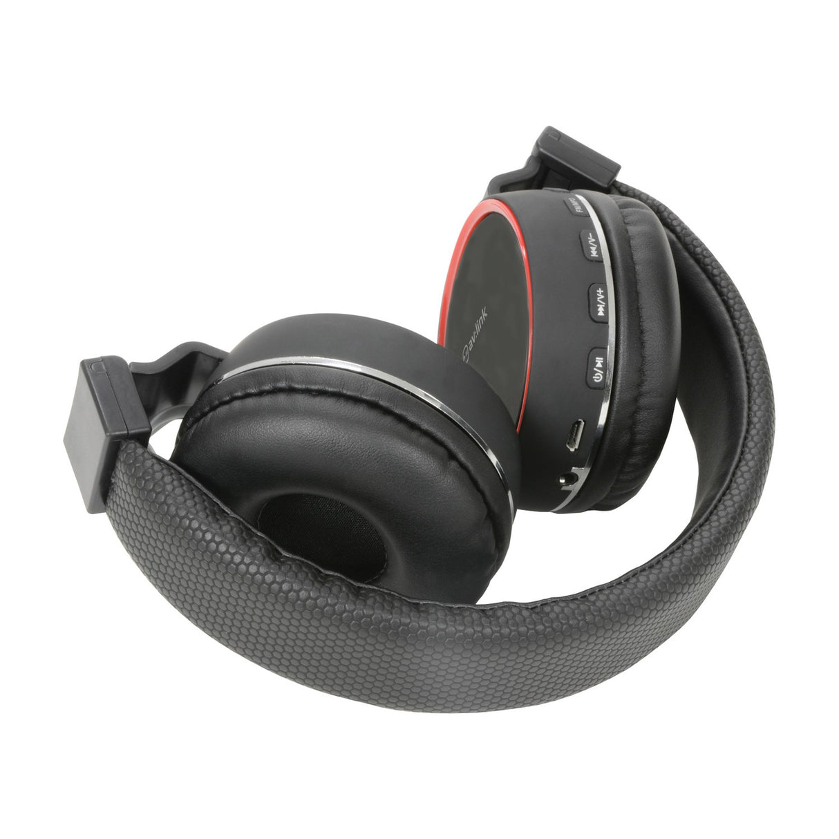 AV:Link PBH10-BLK wireless Bluetooth folding headphones in matte black with red accents, padded earcups, edge controls and micro USB port.