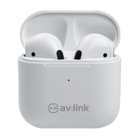 AV:Link Ear Shots SE true wireless earphones in white, shown seated in an open white charging case with av:link logo on a plain background.