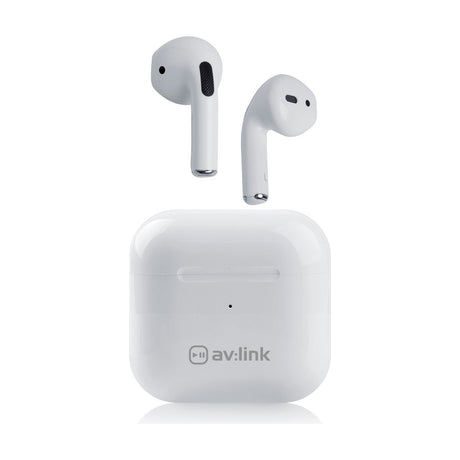 AV:Link Ear Shots SE true wireless earphones in white with stem design, shown above a square charging case on a plain white background.
