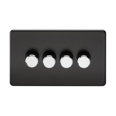 A stylish rectangular matte black panel crafted from premium-grade material features four evenly spaced chrome knobs centered horizontally, similar to the Screwless 4 Gang 2-Way Dimmer 60-400W.