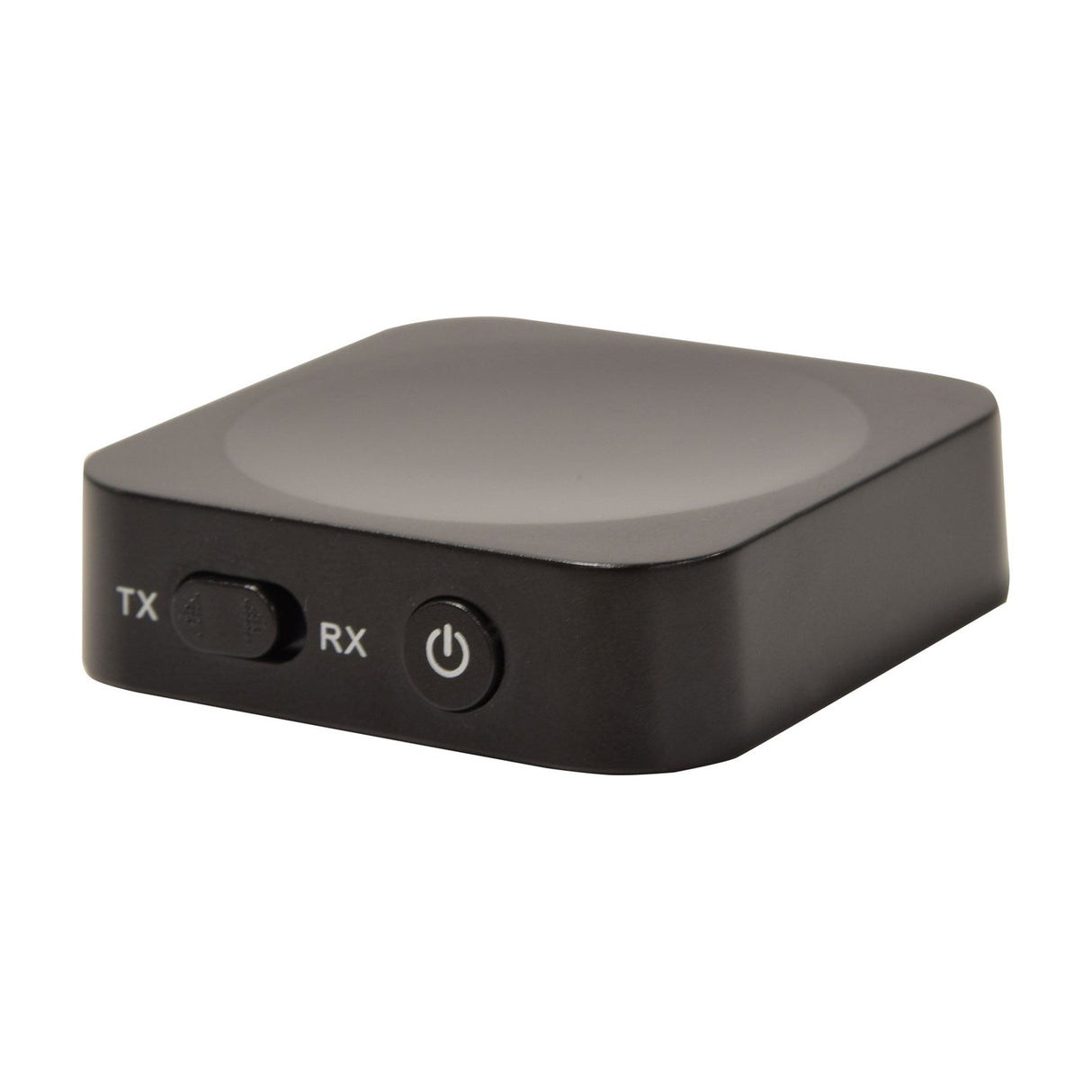 AV:Link BTTR2 Bluetooth audio transmitter and receiver by AVSL, compact black square adaptor with TX/RX slide switch and power button, on white background.