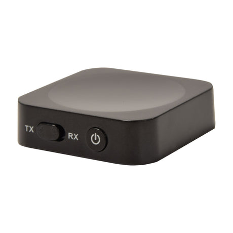 AV:Link BTTR2 Bluetooth audio transmitter and receiver by AVSL, compact black square adaptor with TX/RX slide switch and power button, on white background.
