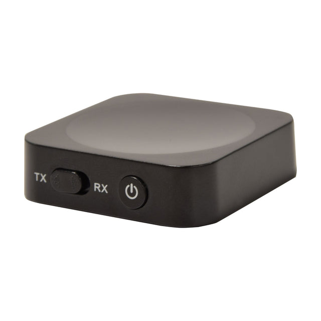 AV:Link BTTR2 Bluetooth audio transmitter and receiver by AVSL, compact black square adaptor with TX/RX slide switch and power button, on white background.