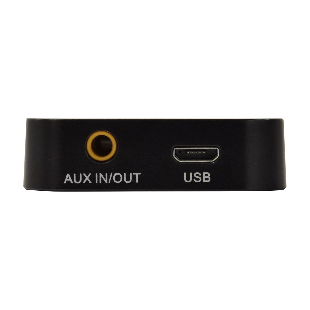 Side view of the AV:Link BTTR2 Bluetooth audio transmitter and receiver, showing the 3.5mm AUX in/out jack and micro USB charging port on a plain background.