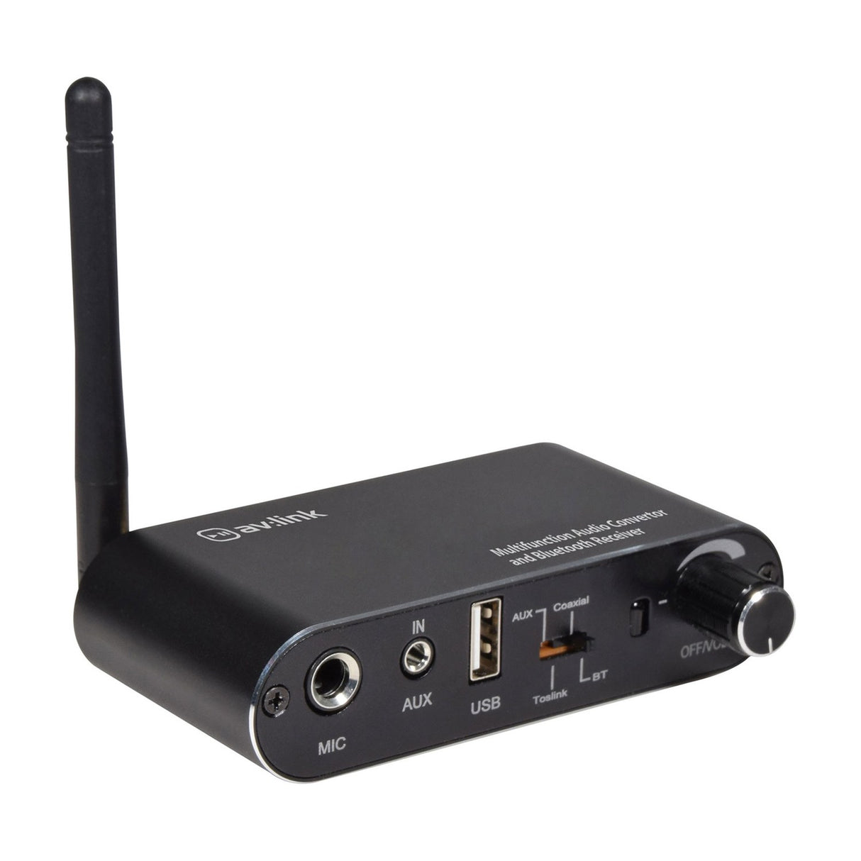 AV:Link multifunction audio converter and Bluetooth receiver in a black aluminium case with antenna, MIC, AUX, USB, input selector and volume knob.