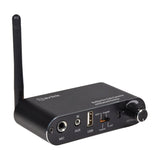 AV:Link multifunction audio converter and Bluetooth receiver in a black aluminium case with antenna, MIC, AUX, USB, input selector and volume knob.