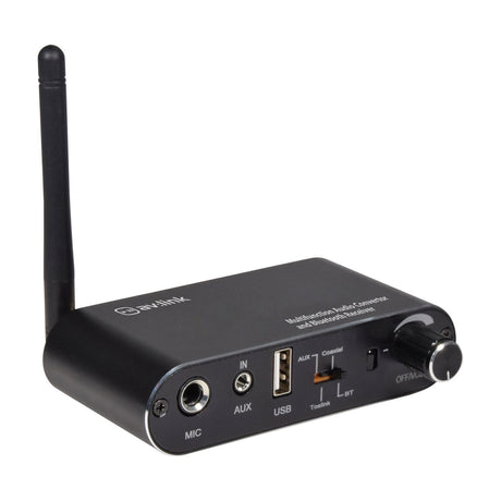 AV:Link multifunction audio converter and Bluetooth receiver in a black aluminium case with antenna, MIC, AUX, USB, input selector and volume knob.