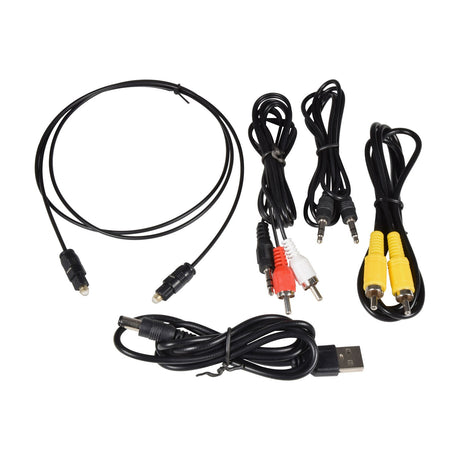 Included cables for the AV:Link Multifunction Audio Converter, featuring optical Toslink, 3.5mm to RCA, yellow RCA, and USB power leads on a white background.