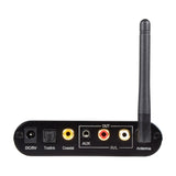 AV:Link multifunction audio converter and Bluetooth receiver rear panel with DC/5V, Toslink, coaxial, aux and RCA L/R outputs, and antenna.
