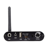AV:Link multifunction audio converter and Bluetooth receiver front panel with antenna, MIC, AUX in, USB, source switch and OFF/VOL knob.