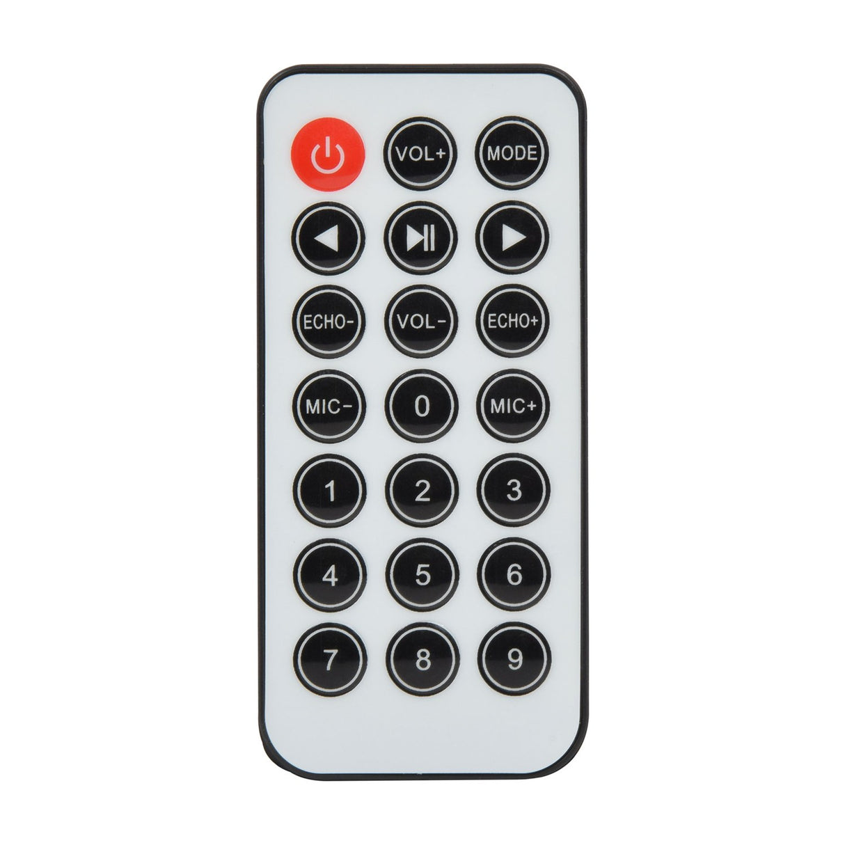 AV:Link IR remote control with red power button, playback, volume, mode, echo, mic and numeric keys on a plain white background.