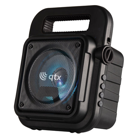 The QTX Effect Portable Bluetooth Party Speaker is a black, portable speaker with a convenient handle on top. Its front grille showcases a circular speaker equipped with an LED light show and the qtx logo. It includes a side control panel with buttons, making it ideal for pairing with your karaoke microphone.