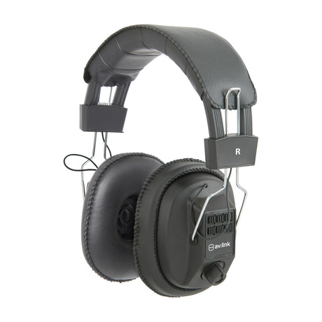 AV:Link MSH40 over-ear wired headphones in black with padded headband, circumaural earpads and volume control dial, shown on a plain white background.