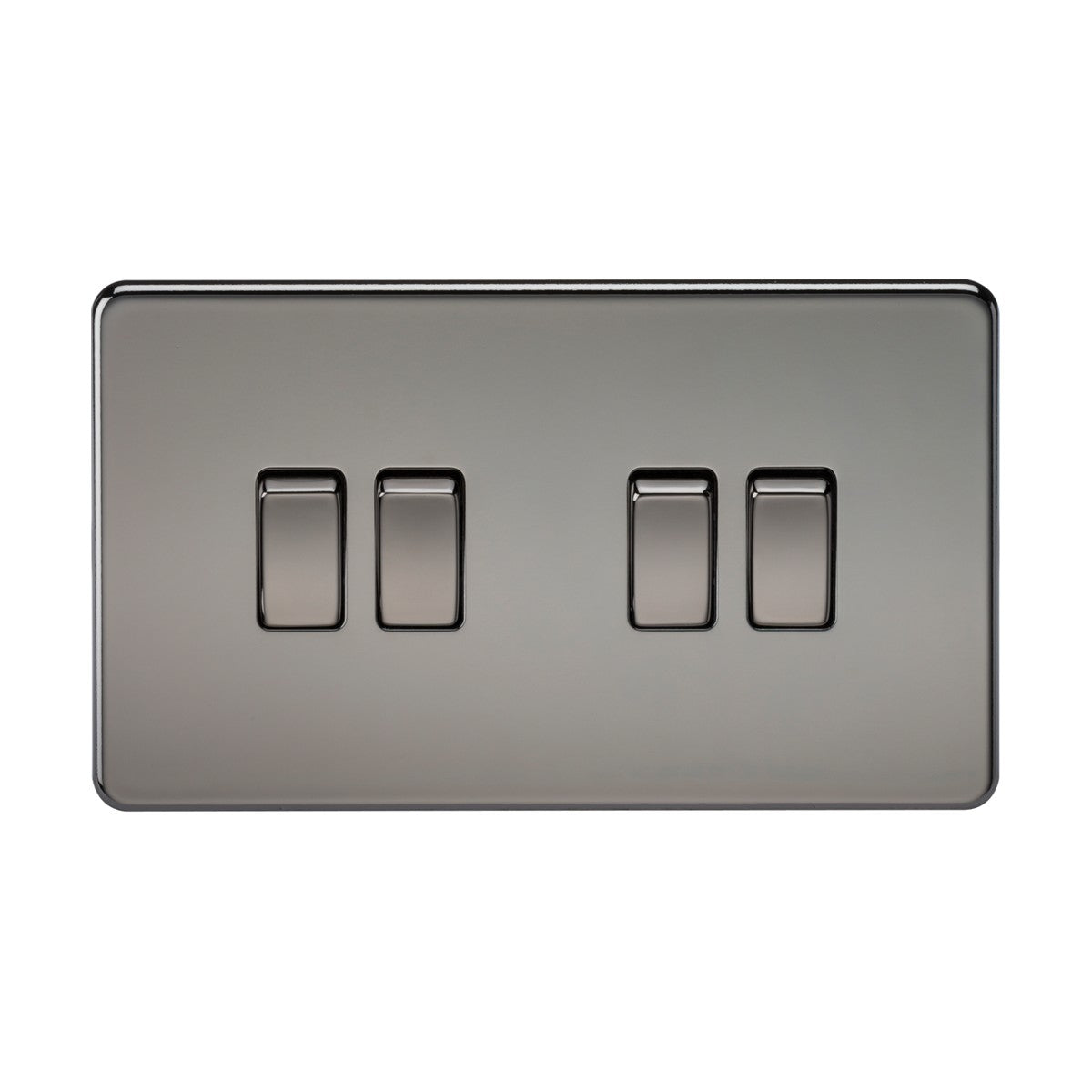 A 10AX 4 Gang 2-Way Switch in black nickel offers a sleek, screwless design on a white background. Made from premium-grade steel, it features four rectangular rocker switches arranged in two pairs, ideal for modern lighting control.