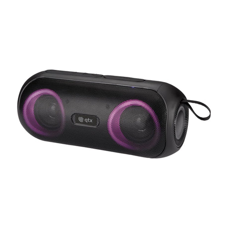 QTX PartyPod portable Bluetooth speaker in matte black with twin drivers, pink RGB LED rings, top controls and carry strap on a white background.