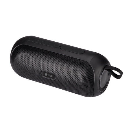 QTX PartyPod portable Bluetooth speaker in matte black with mesh grille, top control buttons, USB port cover and carry strap, shown on a white background.