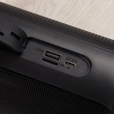 Close-up of the AVSL QTX PartyPod Bluetooth speaker showing the matte black rubberised casing with USB, TF card slot and DC 5V USB-C charging port.