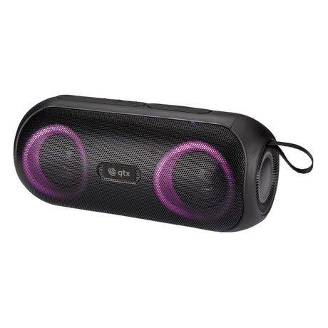 The QTX PartyPod Bluetooth Speaker with LEDs is a portable black device featuring a splashproof design and a mesh front panel with two visibly purple-accented speaker cones. It supports true wireless stereo, includes a carrying handle on one side, and prominently displays its logo in the center.