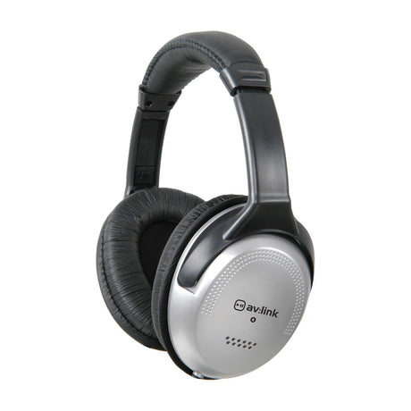 AV:Link SH40VC wired stereo headphones with padded black ear cups, adjustable headband and silver outer housing, shown on a plain white background.