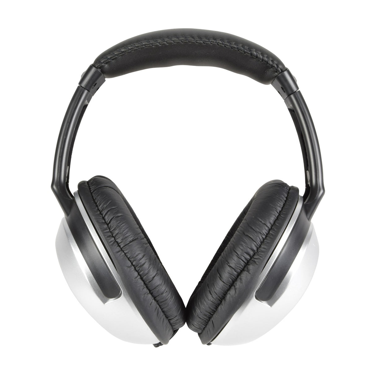 AV:Link SH40VC stereo headphones by AVSL shown front-on with padded black headband, black leather ear cushions and silver ear cups on a white background.