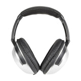 AV:Link SH40VC stereo headphones by AVSL shown front-on with padded black headband, black leather ear cushions and silver ear cups on a white background.