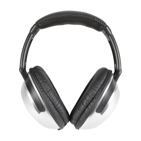 AV:Link SH40VC stereo headphones by AVSL shown front-on with padded black headband, black leather ear cushions and silver ear cups on a white background.
