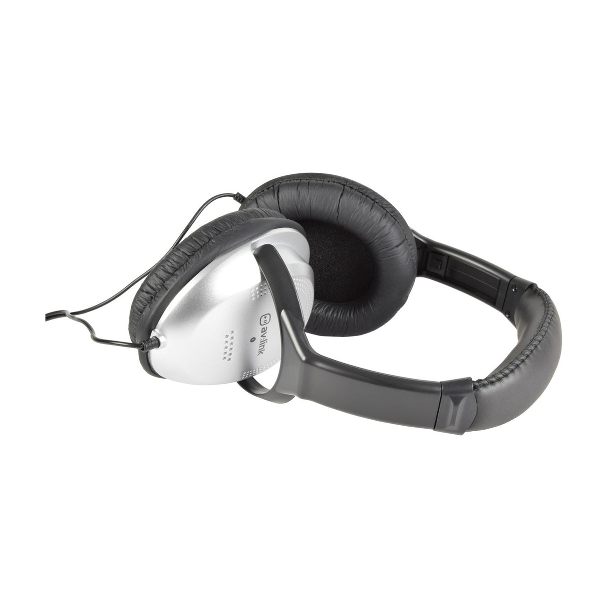 AV:Link SH40VC wired stereo headphones with black padded ear cups, silver outer housing and cushioned adjustable headband, shown folded on a white background.