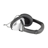 AV:Link SH40VC wired stereo headphones with black padded ear cups, silver outer housing and cushioned adjustable headband, shown folded on a white background.