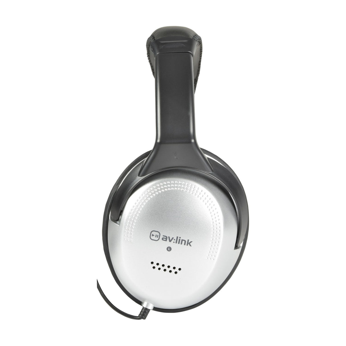Side view of AV:Link SH40VC stereo headphones showing the left silver and black ear cup with in-line volume control cable on a white background.