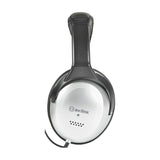 Side view of AV:Link SH40VC stereo headphones showing the left silver and black ear cup with in-line volume control cable on a white background.