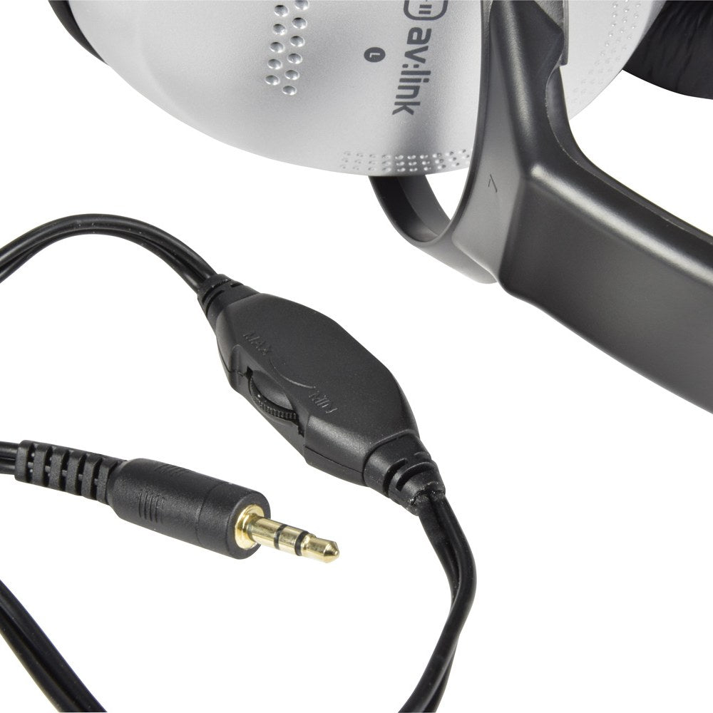 Close-up of AV:Link SH40VC stereo headphones showing the silver ear cup, in-line volume control on the black cable and gold-plated 3.5mm jack.