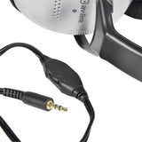 Close-up of AV:Link SH40VC stereo headphones showing the silver ear cup, in-line volume control on the black cable and gold-plated 3.5mm jack.