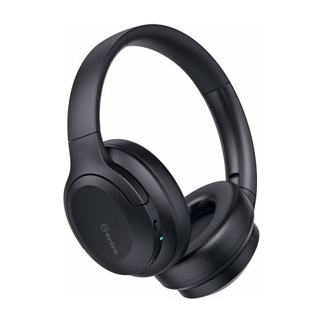 AV:Link Isolate SE noise cancelling Bluetooth headphones in matte black with cushioned over-ear pads, foldable headband, earcup controls and USB-C port.